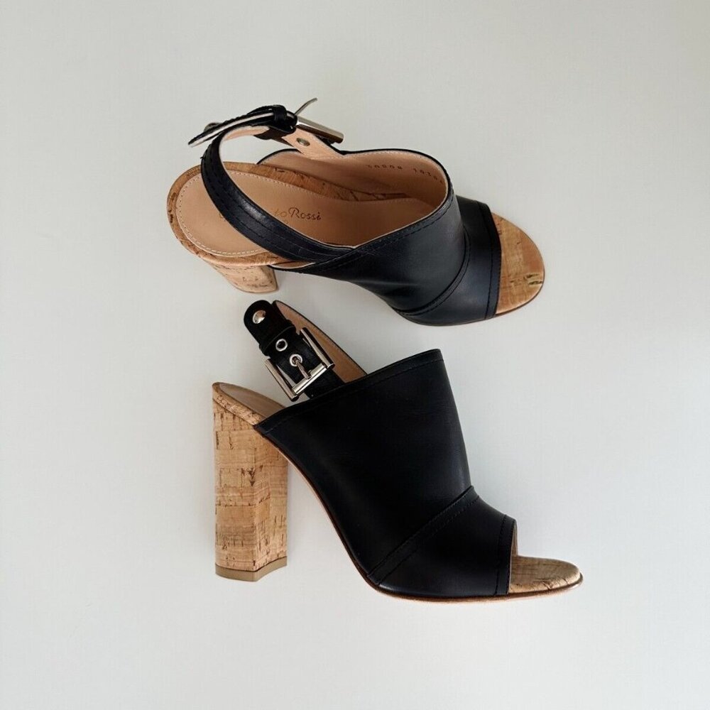 Women's Gianvito Rossi Black Slingback Leather Cork Mule Sandals Size 36.5